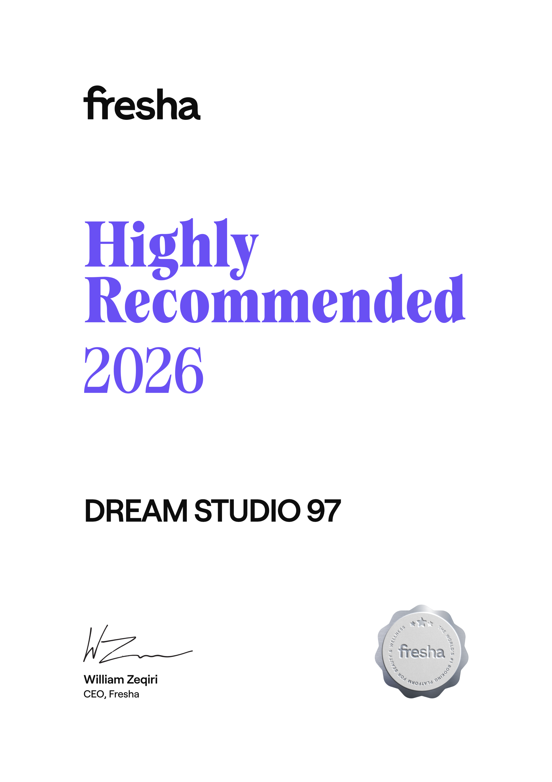 Fresha Highly Recommended certificate for Dream Studio 97